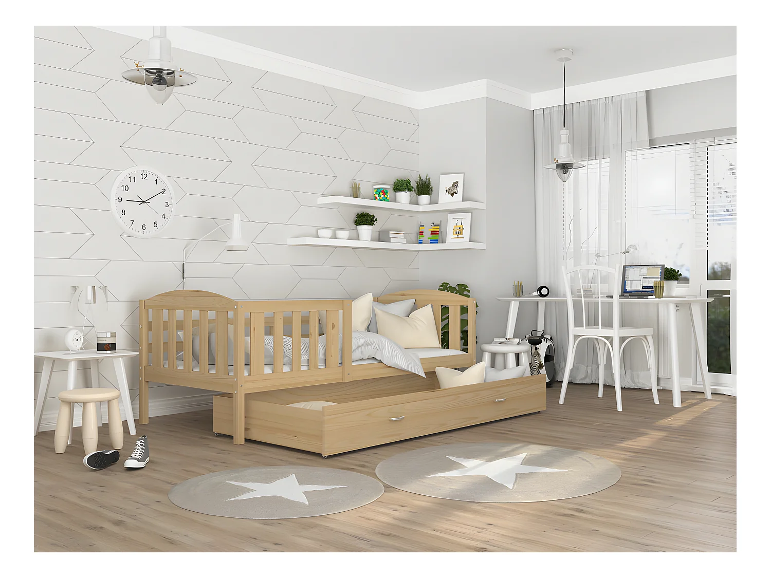 Lit Enfant Teo 90x190 Pin Livré avec sommiers, tiroir et matelas en mousse de 7cm