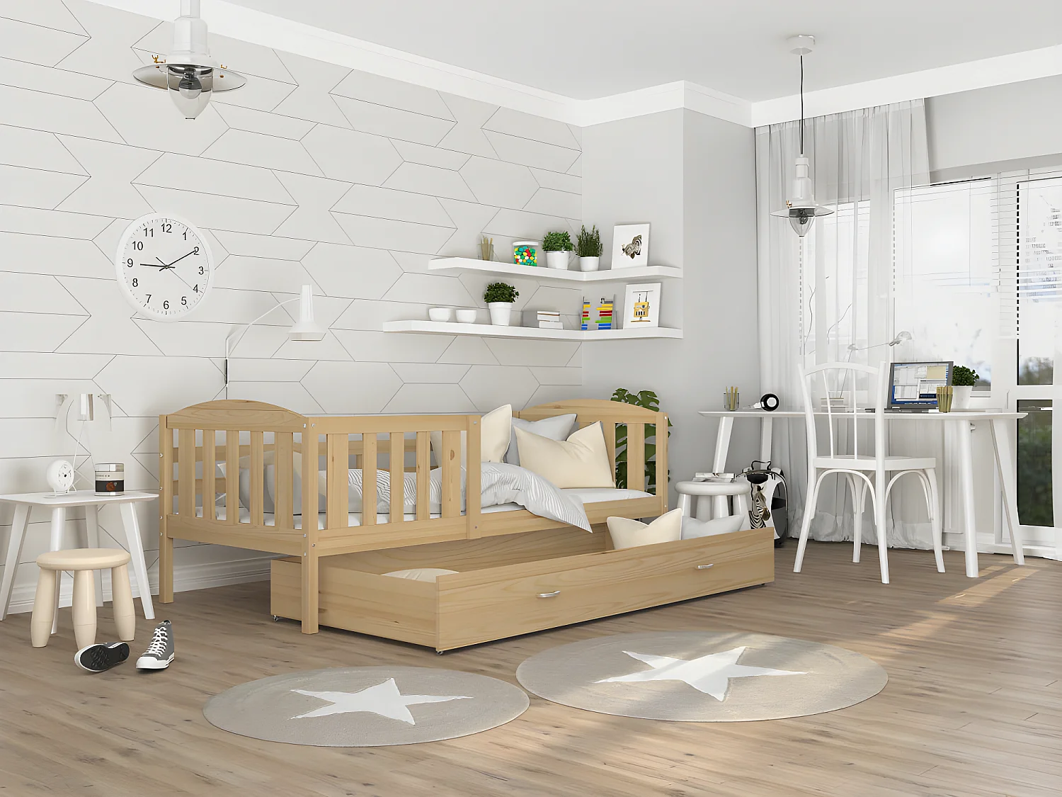 Lit Enfant Teo 90x190 Pin Livré avec sommiers, tiroir et matelas en mousse de 7cm