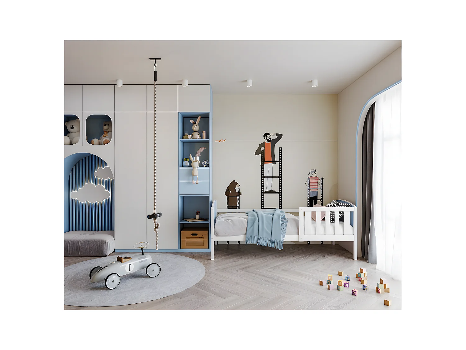 Lit Enfant Tom 90x190 Blanc - bleu Livré avec sommiers