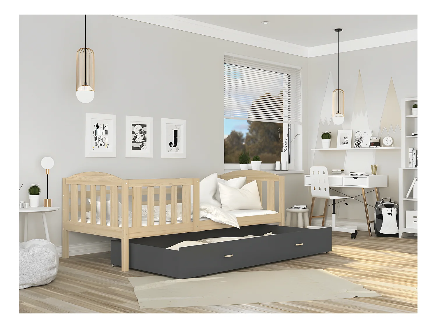 Lit Enfant Teo 90x190 Pin - gris Livré avec sommiers, tiroir et matelas en mousse de 7cm