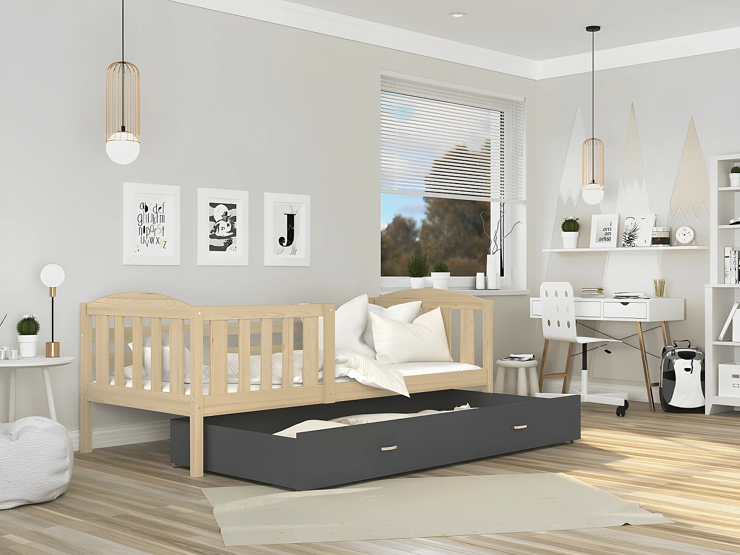 Lit Enfant Teo 90x190 Pin - gris Livré avec sommiers, tiroir et matelas en mousse de 7cm