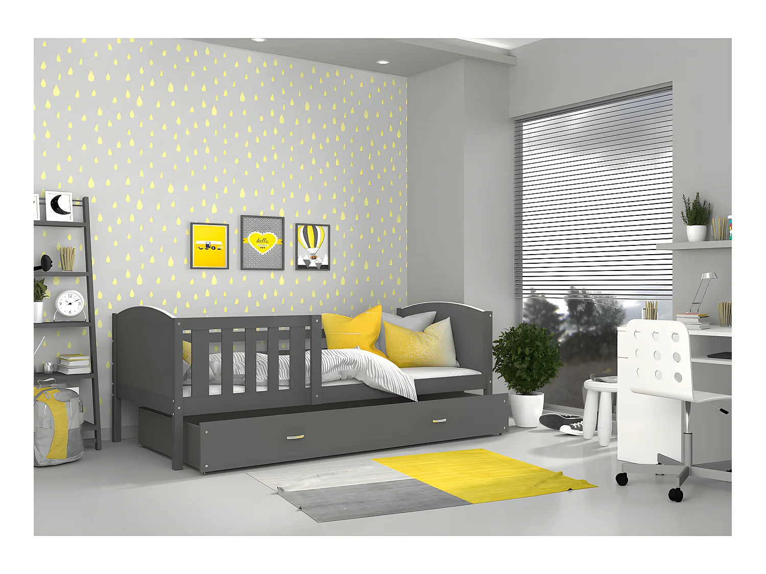 Lit Enfant Tomy 90x190 Gris - gris Livré avec sommiers, tiroir et matelas en mousse de 7cm