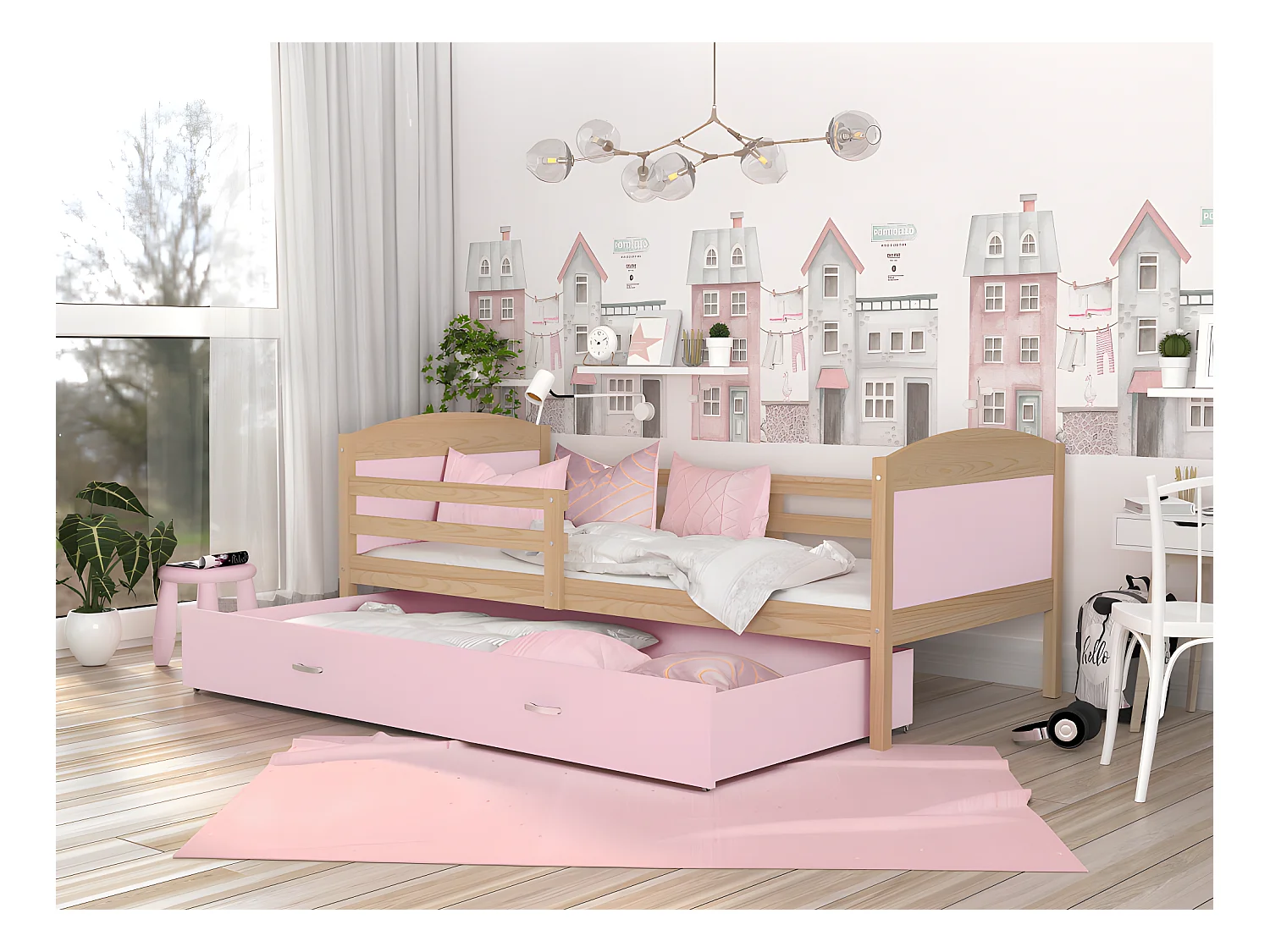 Lit Enfant Mateo 90x190 Pin - rose Livré avec sommiers, tiroir et matelas en mousse de 7cm