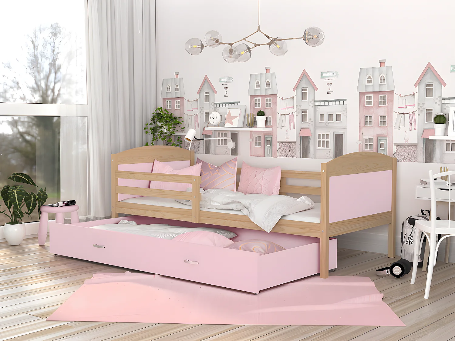 Lit Enfant Mateo 90x190 Pin - rose Livré avec sommiers, tiroir et matelas en mousse de 7cm