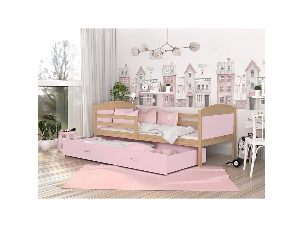Lit Enfant Mateo 90x190 Pin - rose Livré avec sommiers, tiroir et matelas en mousse de 7cm