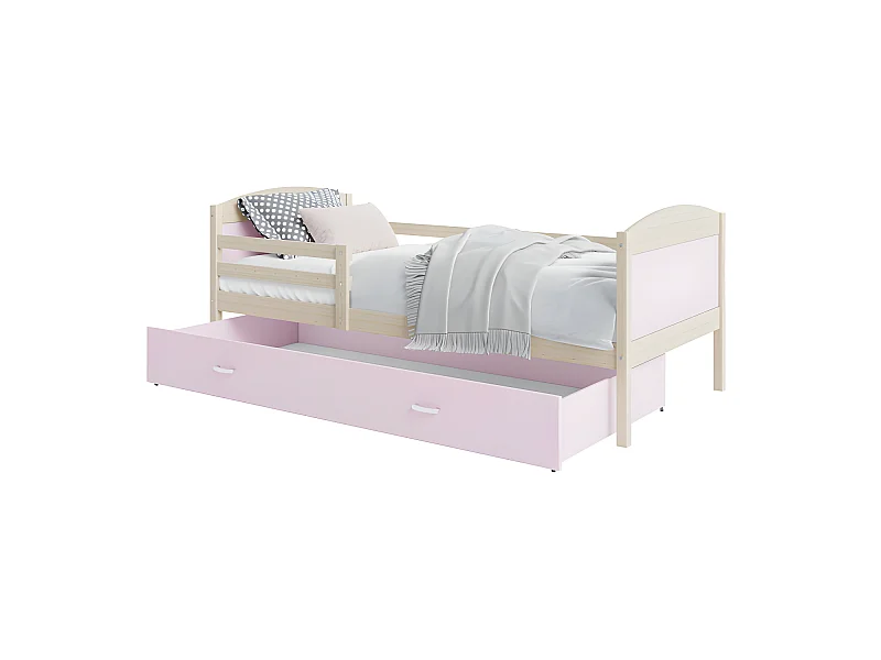 Lit Enfant Mateo 90x190 Pin - rose Livré avec sommiers, tiroir et matelas en mousse de 7cm