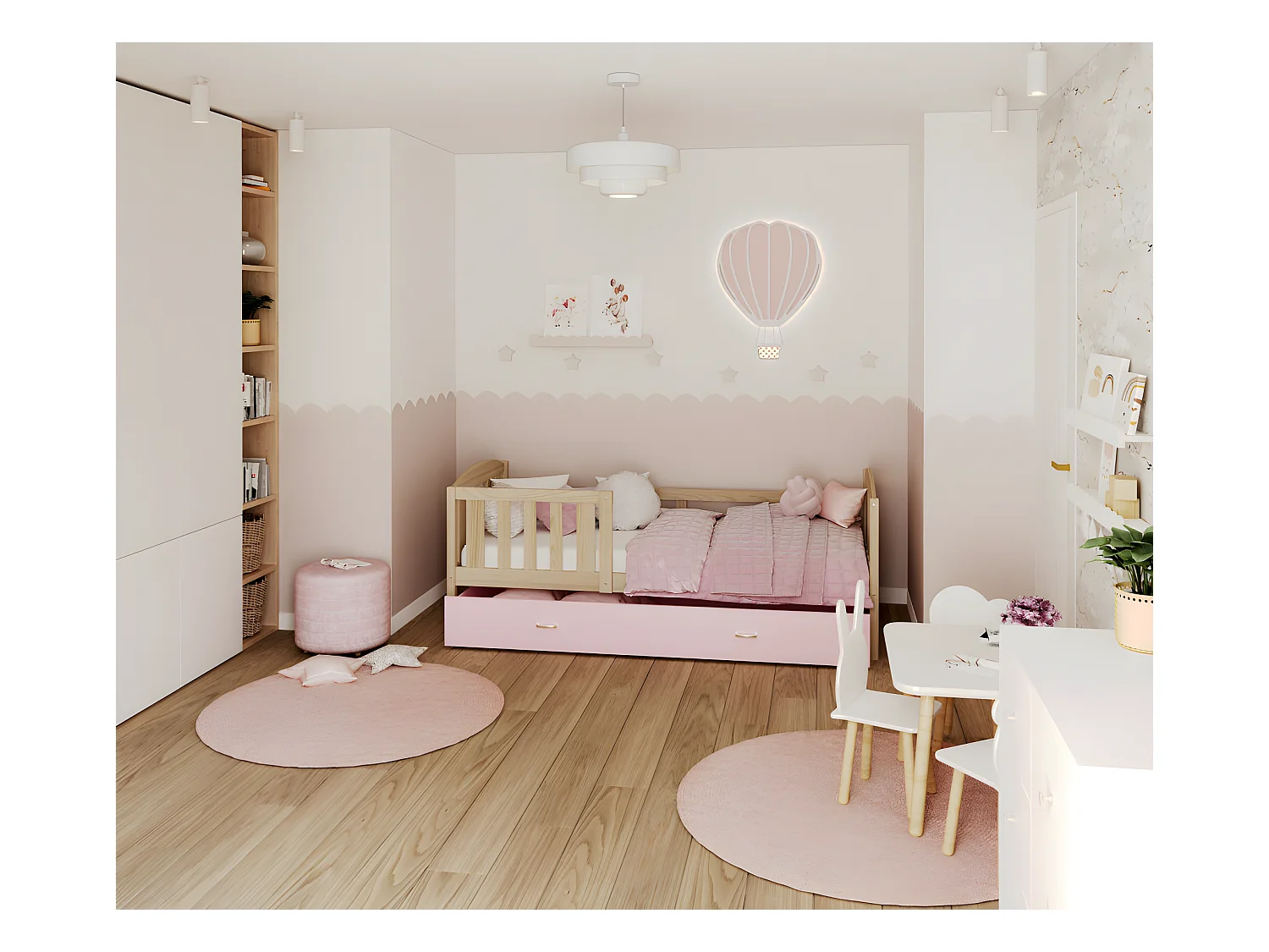 Lit Enfant Teo 90x190 Pin - rose Livré avec sommiers, tiroir et matelas en mousse de 7cm