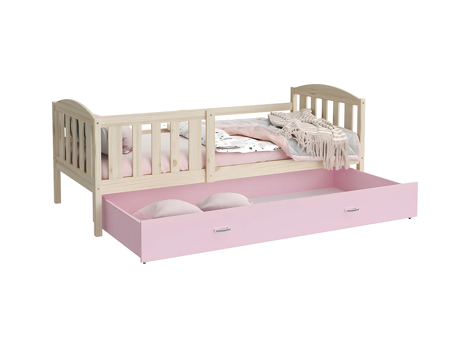 Lit Enfant Teo 90x190 Pin - rose Livré avec sommiers, tiroir et matelas en mousse de 7cm