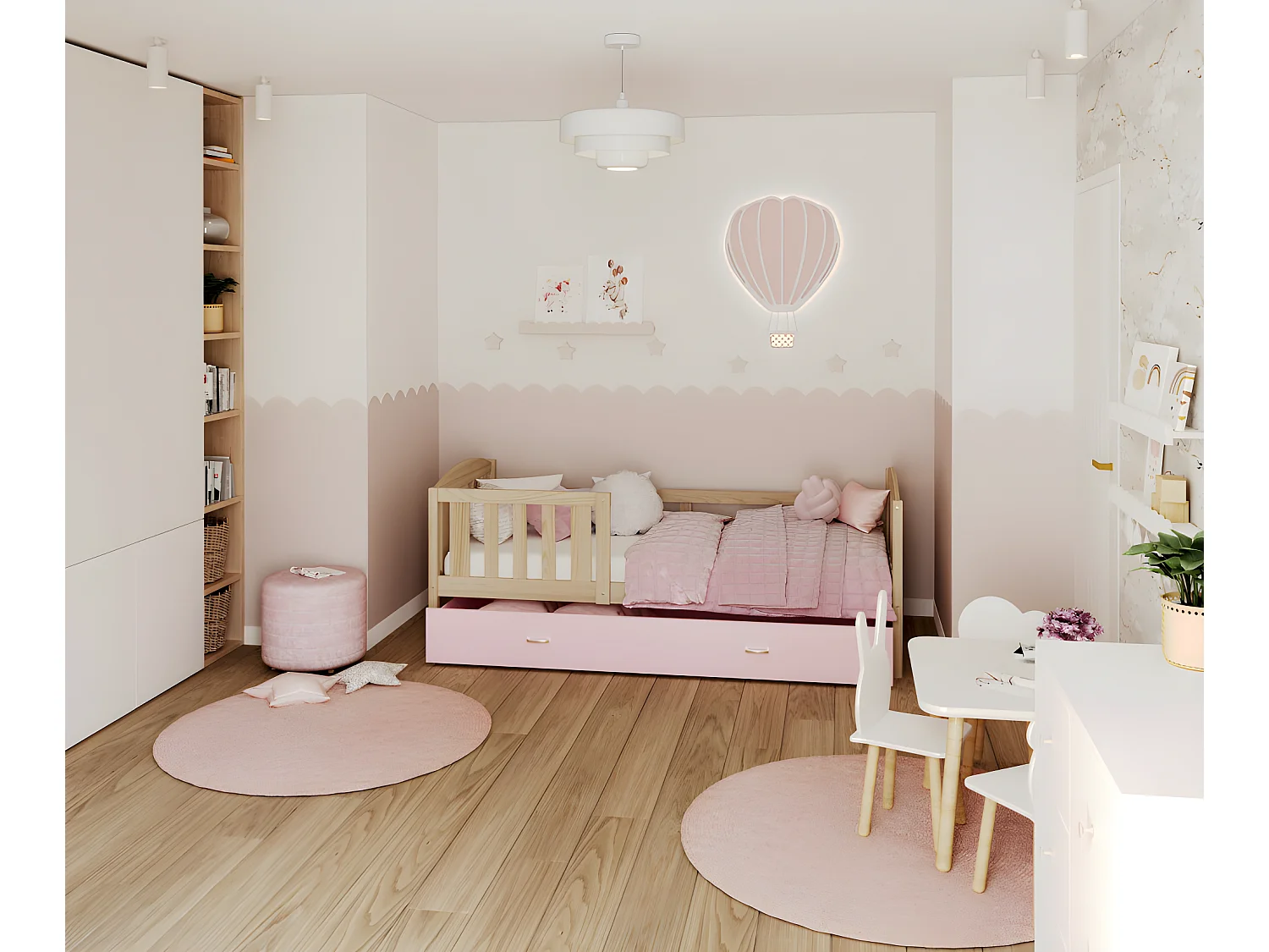 Lit Enfant Teo 90x190 Pin - rose Livré avec sommiers, tiroir et matelas en mousse de 7cm