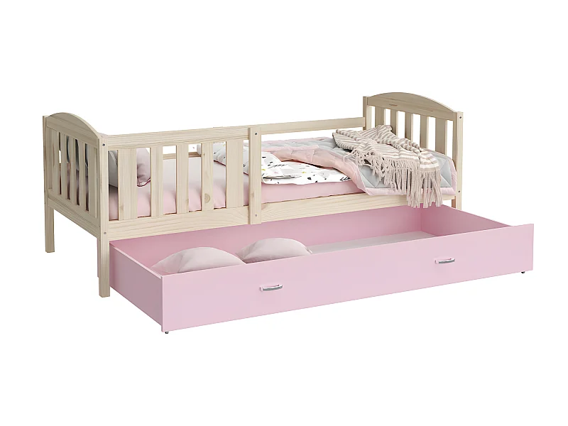 Lit Enfant Teo 90x190 Pin - rose Livré avec sommiers, tiroir et matelas en mousse de 7cm