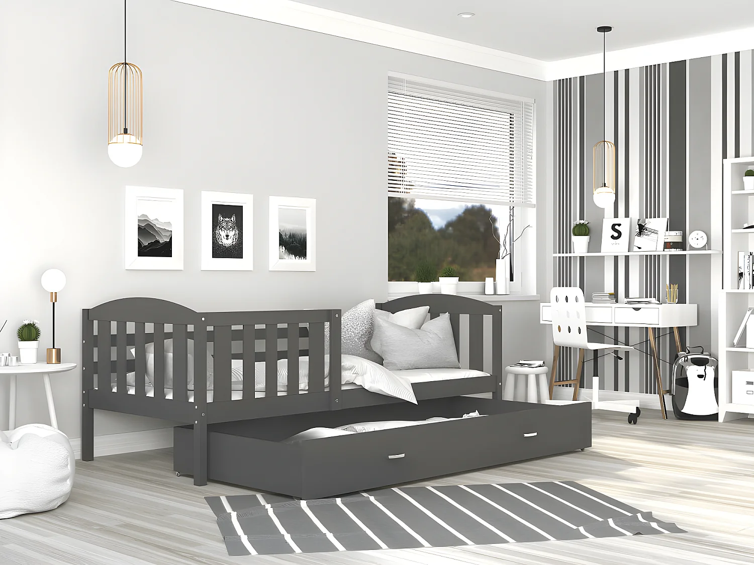 Lit Enfant Teo 90x190 Gris - gris Livré avec sommiers, tiroir et matelas en mousse de 7cm