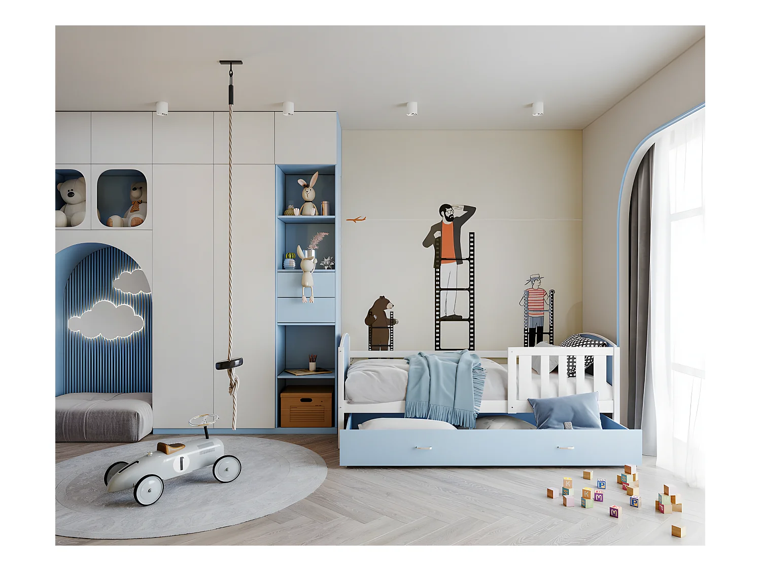 Lit Enfant Tami 90x190 ( Sans Matelas ) Blanc - bleu Livré avec le sommiers et tiroir.