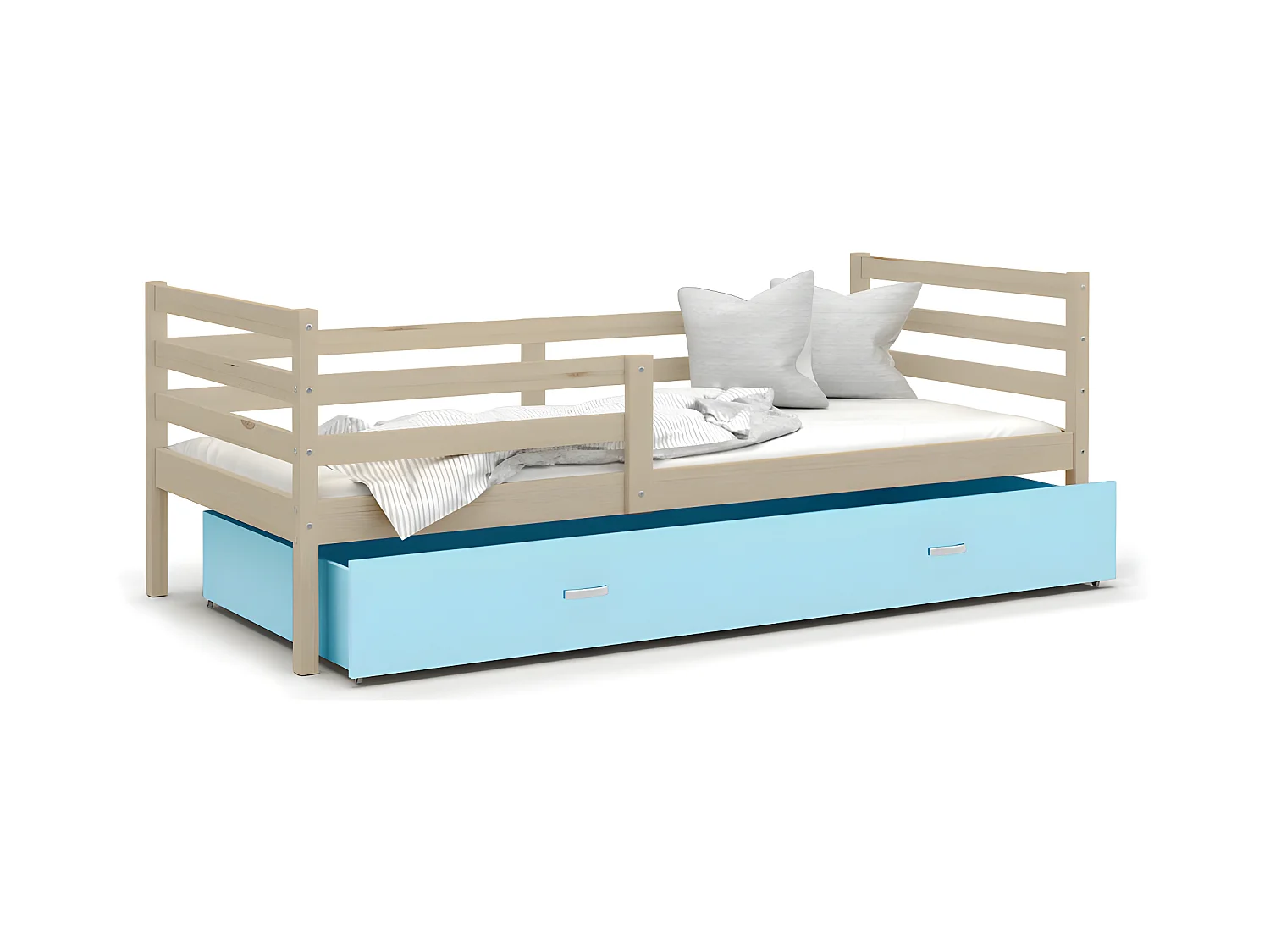 Lit Enfant Milo 90x190 Pin - bleu Livré avec sommiers, tiroir et matelas en mousse de 7cm