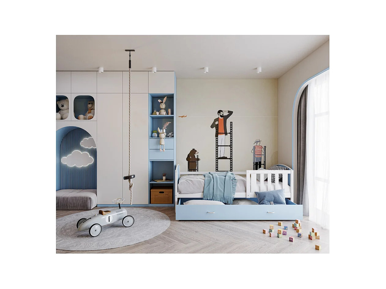 Lit Enfant Tomy 90x190 Blanc - bleu Livré avec sommiers, tiroir et matelas en mousse de 7cm