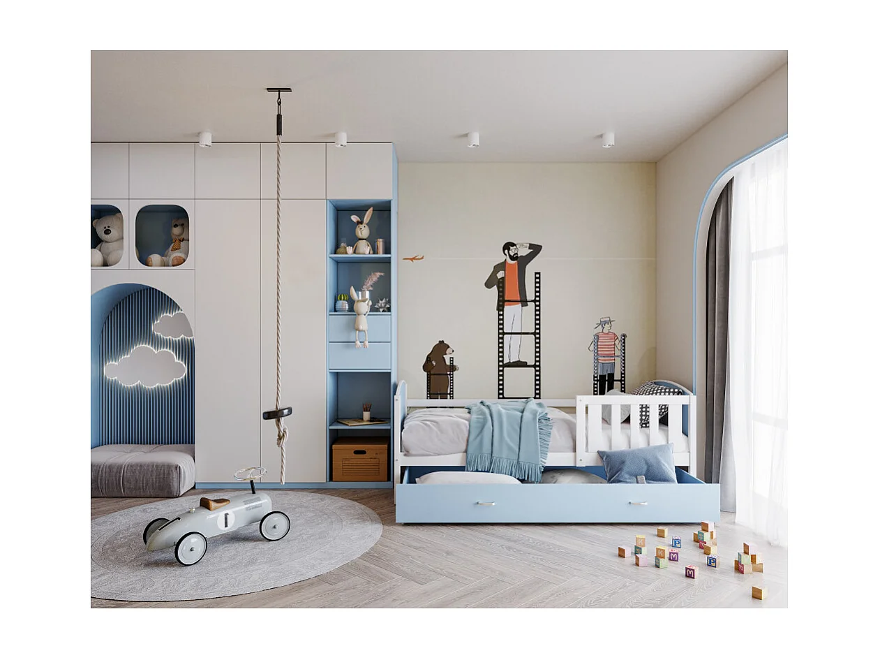 Lit Enfant Tomy 90x190 Blanc - bleu Livré avec sommiers, tiroir et matelas en mousse de 7cm