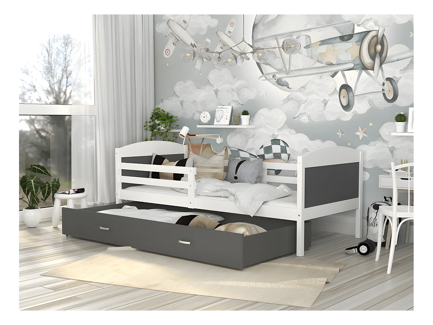 Lit Enfant Mateo 90x190 Blanc - gris Livré avec sommiers, tiroir et matelas en mousse de 7cm