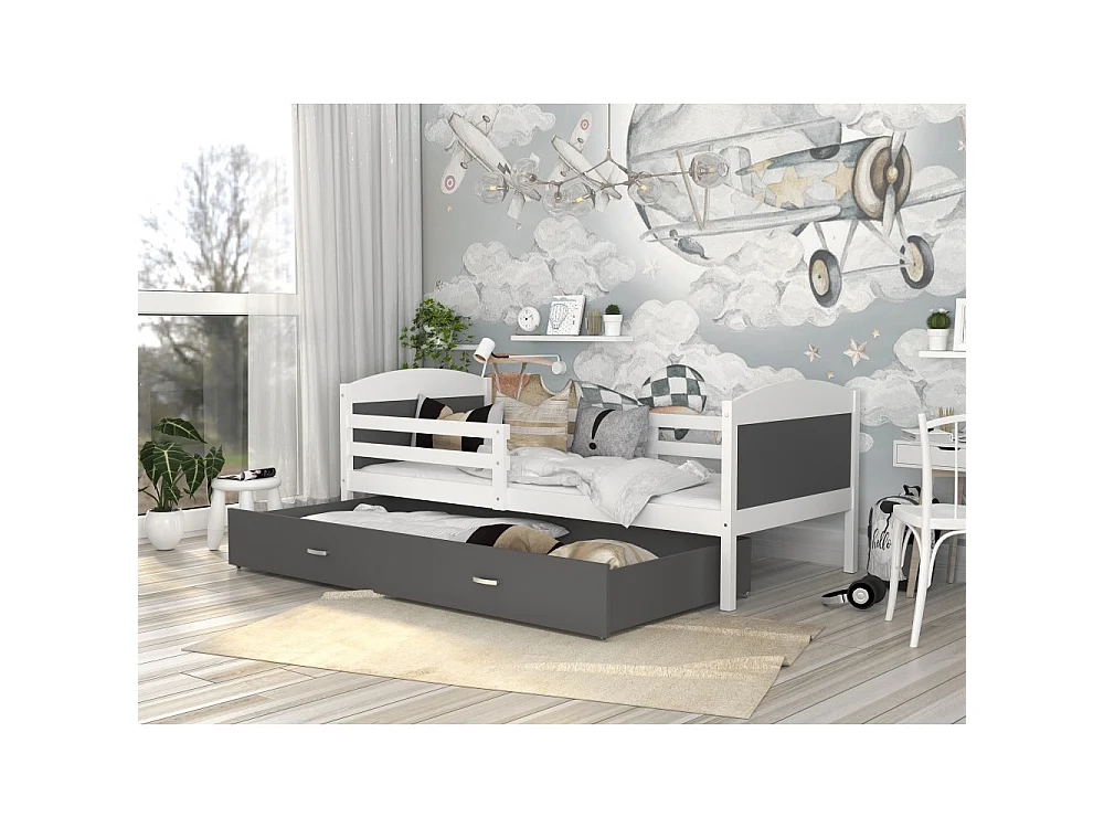 Lit Enfant Mateo 90x190 tiroir + Matelas Blanc - gris