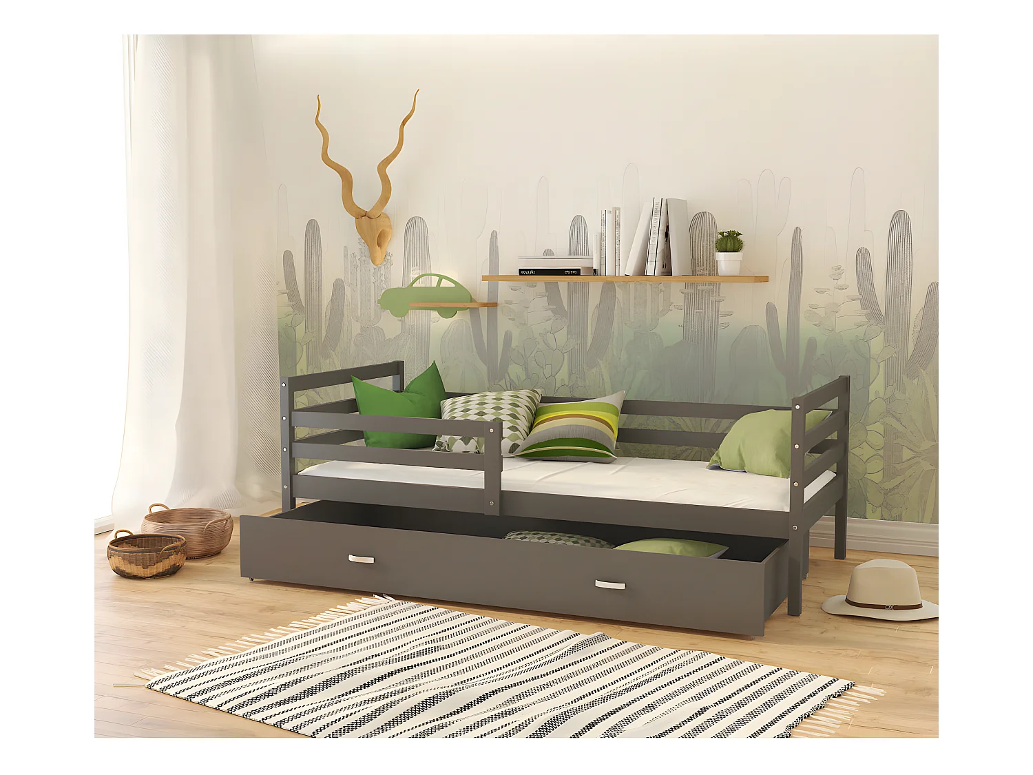 Lit Enfant Malo 90x190  ( Sans Matelas ) Gris - gris Livré avec le sommiers et tiroir.