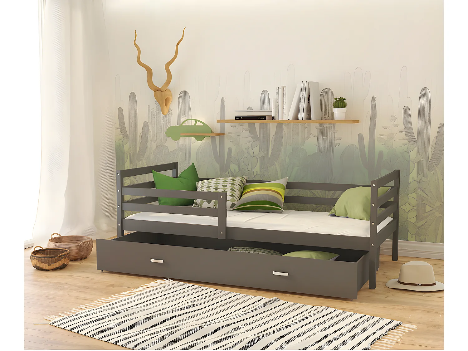 Lit Enfant Malo 90x190  ( Sans Matelas ) Gris - gris Livré avec le sommiers et tiroir.