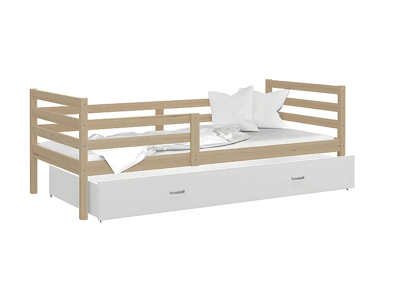 Lit Enfant Milo 90x190 Pin - blanc Livré avec sommiers, tiroir et matelas en mousse de 7cm