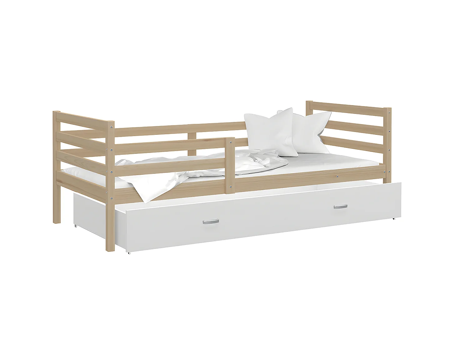Lit Enfant Milo 90x190 Pin - blanc Livré avec sommiers, tiroir et matelas en mousse de 7cm