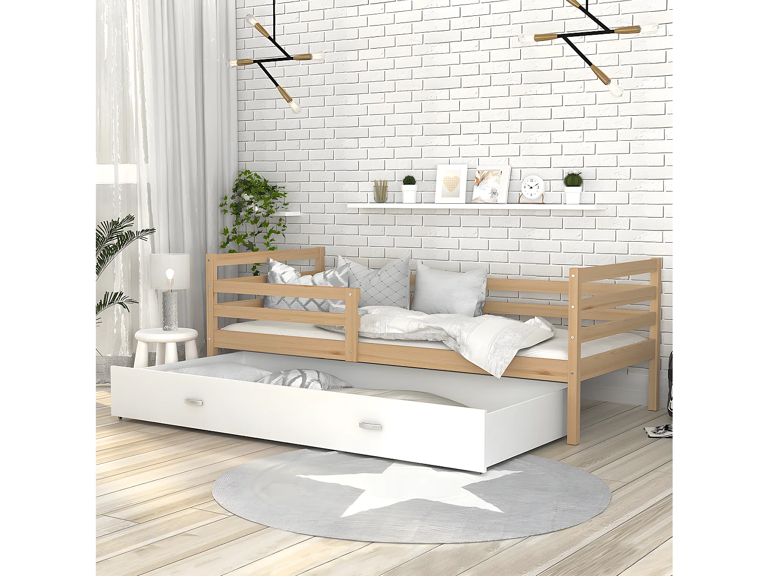 Lit Enfant Milo 90x190 Pin - blanc Livré avec sommiers, tiroir et matelas en mousse de 7cm