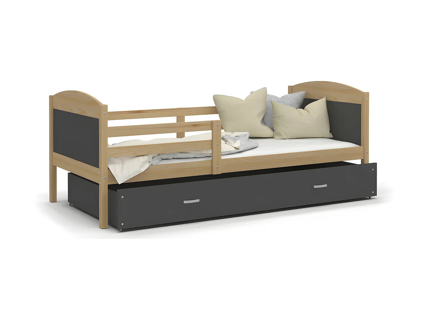 Lit Enfant Mateo 90x190 Pin - gris Livré avec sommiers, tiroir et matelas en mousse de 7cm