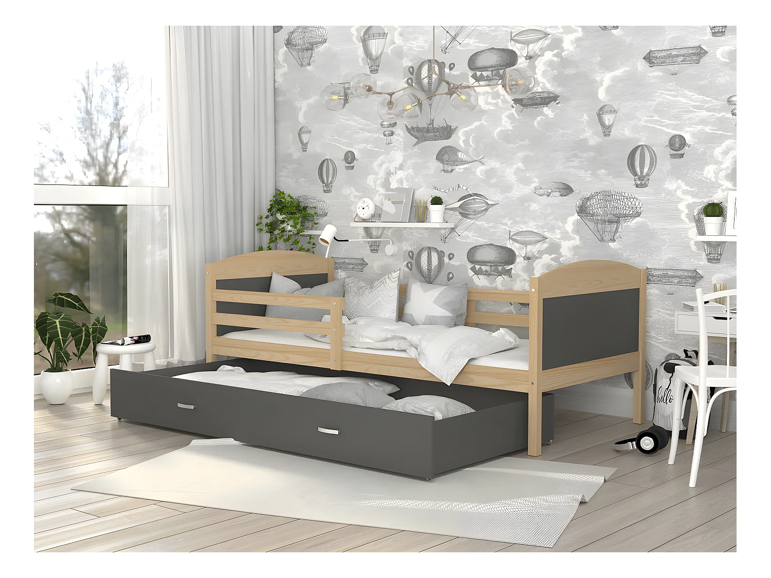 Lit Enfant Mateo 90x190 Pin - gris Livré avec sommiers, tiroir et matelas en mousse de 7cm