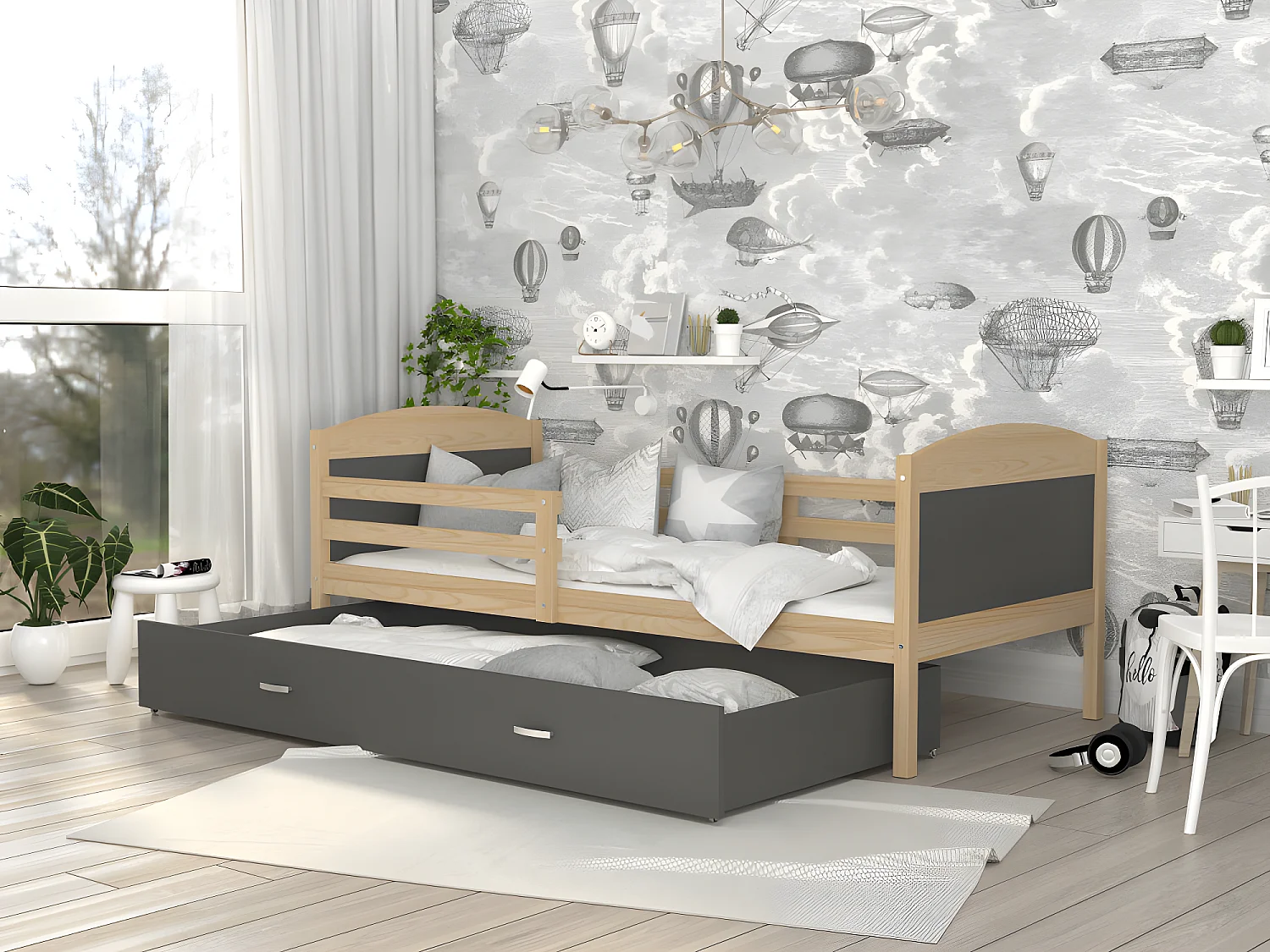 Lit Enfant Mateo 90x190 Pin - gris Livré avec sommiers, tiroir et matelas en mousse de 7cm