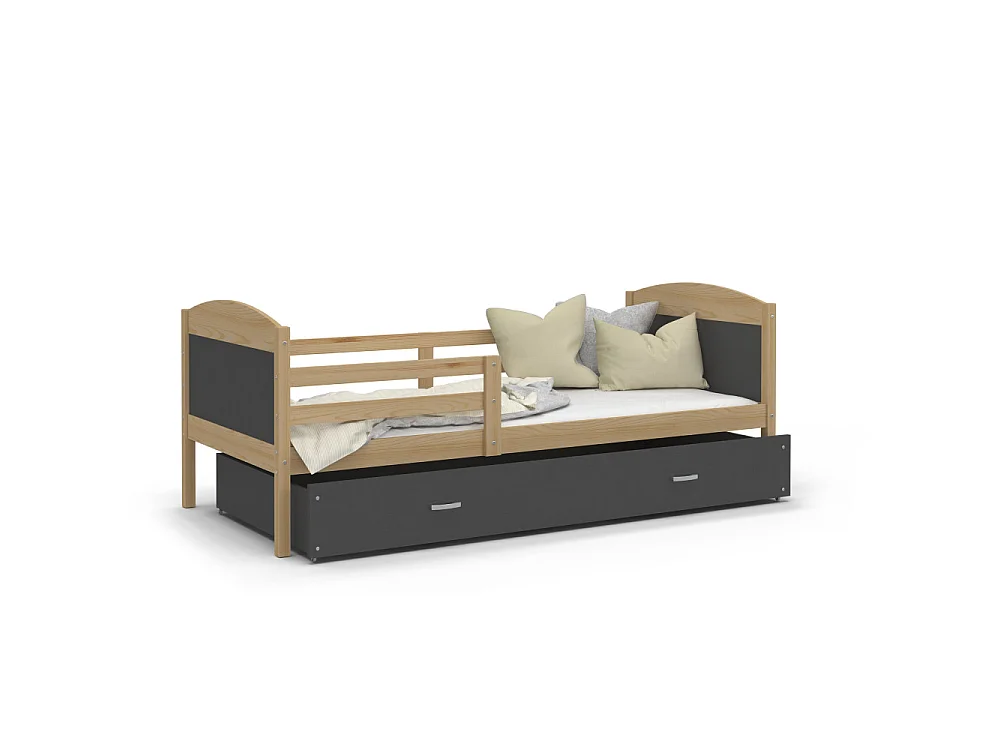 Lit Enfant Mateo 90x190 Pin - gris Livré avec sommiers, tiroir et matelas en mousse de 7cm