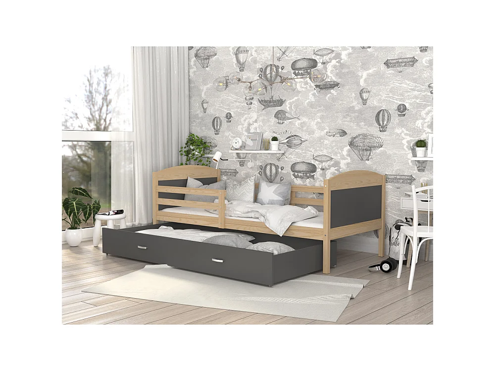 Lit Enfant Mateo 90x190 Pin - gris Livré avec sommiers, tiroir et matelas en mousse de 7cm
