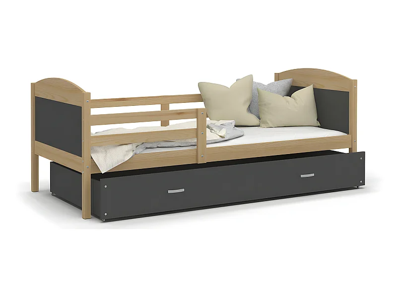 Lit Enfant Mateo 90x190 Pin - gris Livré avec sommiers, tiroir et matelas en mousse de 7cm