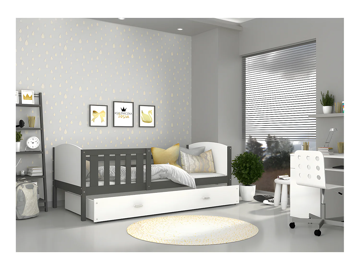 Lit Enfant Tomy 90x190 Gris - blanc Livré avec sommiers, tiroir et matelas en mousse de 7cm