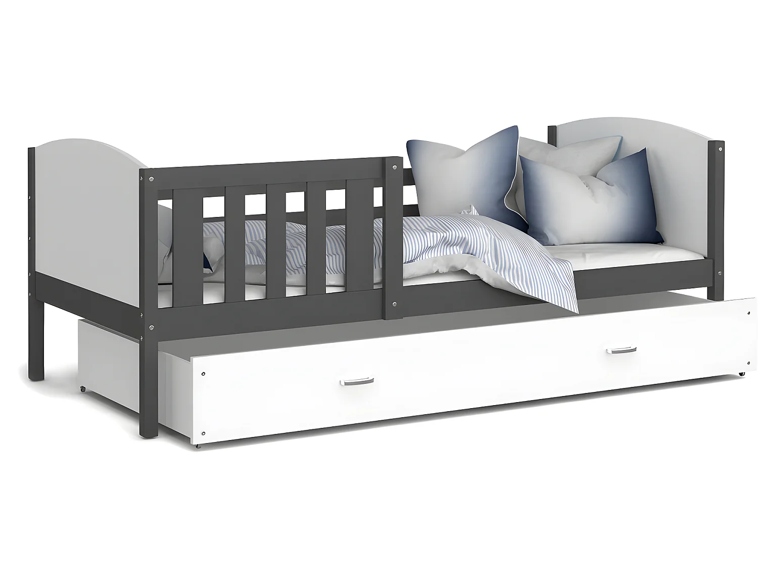 Lit Enfant Tomy 90x190 Gris - blanc Livré avec sommiers, tiroir et matelas en mousse de 7cm