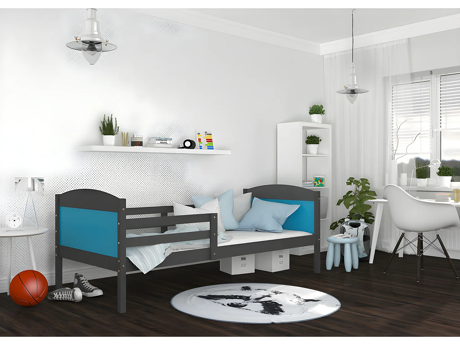 Lit Enfant Mati 90x190 Gris - bleu Livré avec sommiers