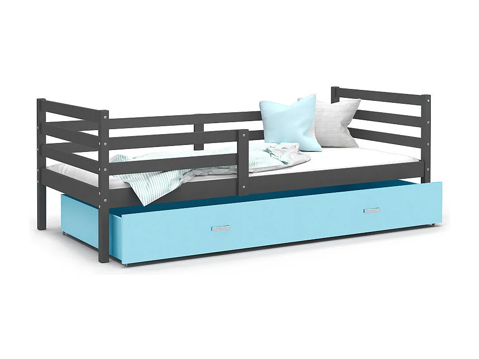 Lit Enfant Milo 90x190 Gris - bleu Livré avec sommiers, tiroir et matelas en mousse de 7cm