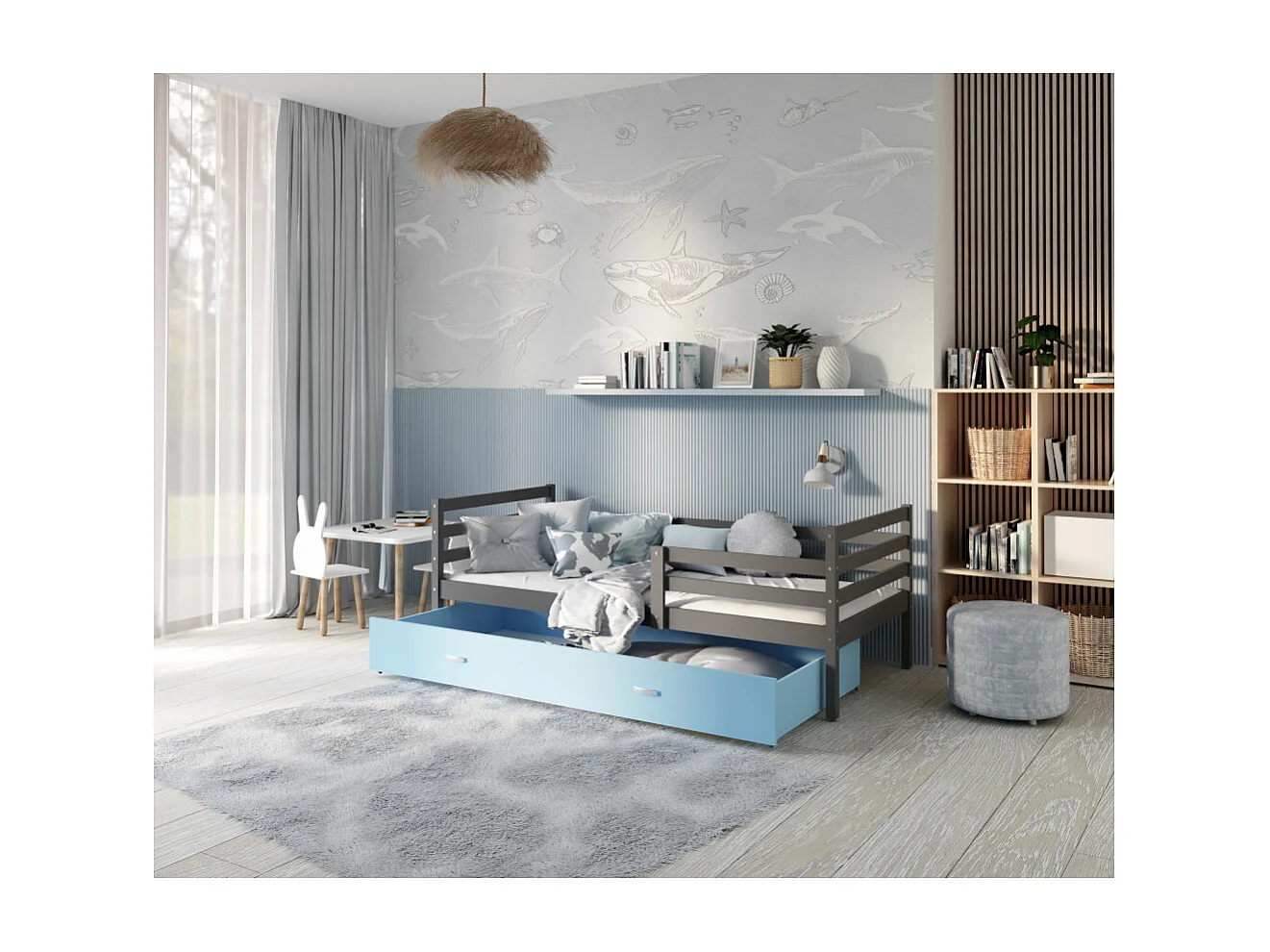 Lit Enfant Milo 90x190 Gris - bleu Livré avec sommiers, tiroir et matelas en mousse de 7cm