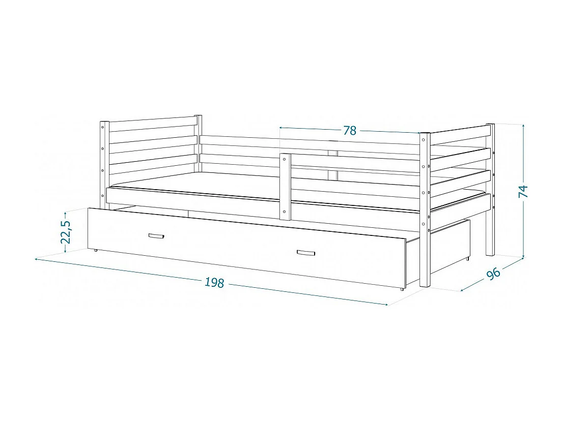 Lit Enfant Milo 90x190 Gris - bleu Livré avec sommiers, tiroir et matelas en mousse de 7cm