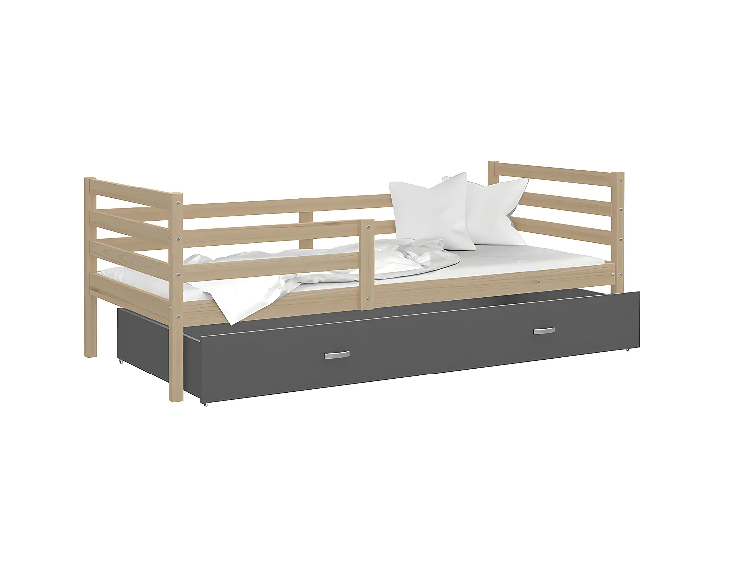 Lit Enfant Milo 90x190 Pin - gris Livré avec sommiers, tiroir et matelas en mousse de 7cm