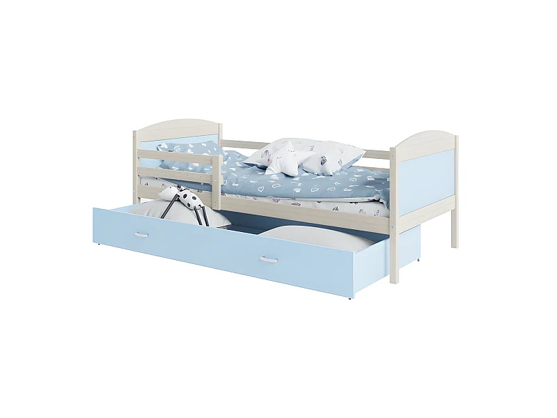 Lit Enfant Mateo 90x190 Pin - bleu Livré avec sommiers, tiroir et matelas en mousse de 7cm