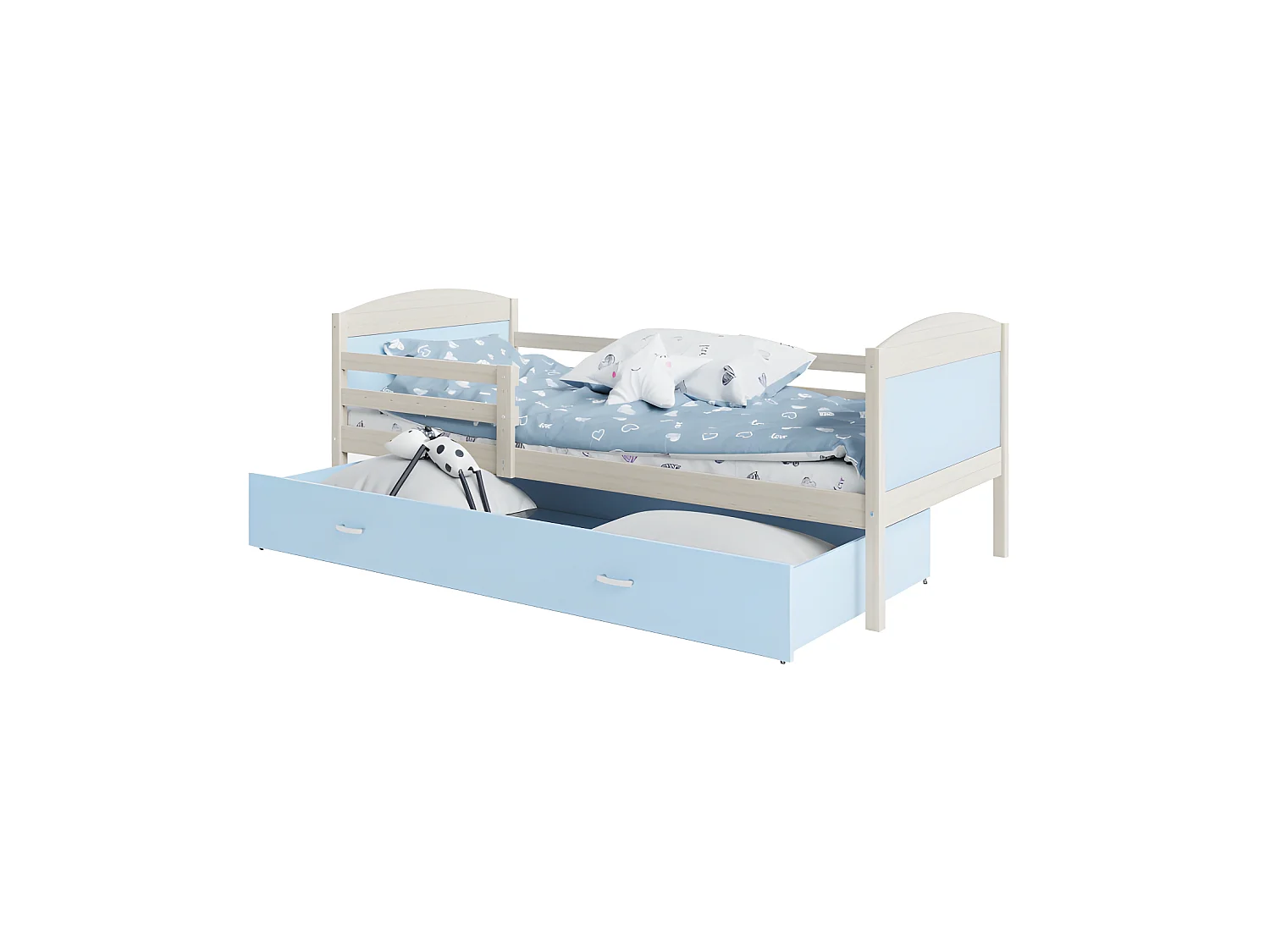 Lit Enfant Mateo 90x190 Pin - bleu Livré avec sommiers, tiroir et matelas en mousse de 7cm