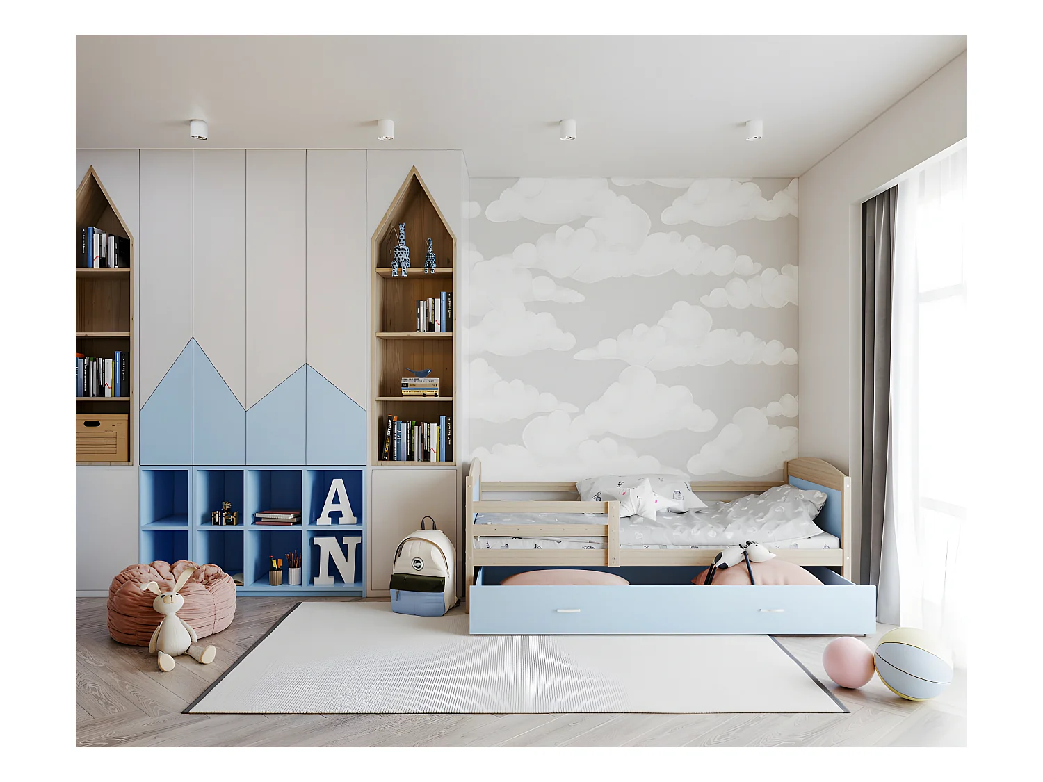 Lit Enfant Mateo 90x190 Pin - bleu Livré avec sommiers, tiroir et matelas en mousse de 7cm