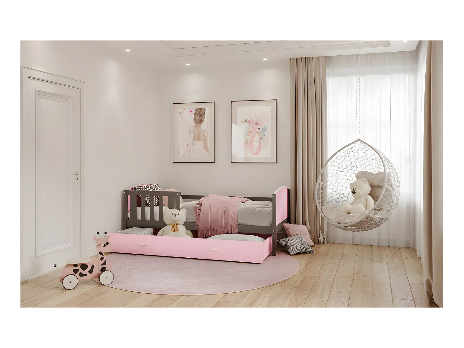 Lit Enfant Tomy 90x190 Gris - rose Livré avec sommiers, tiroir et matelas en mousse de 7cm