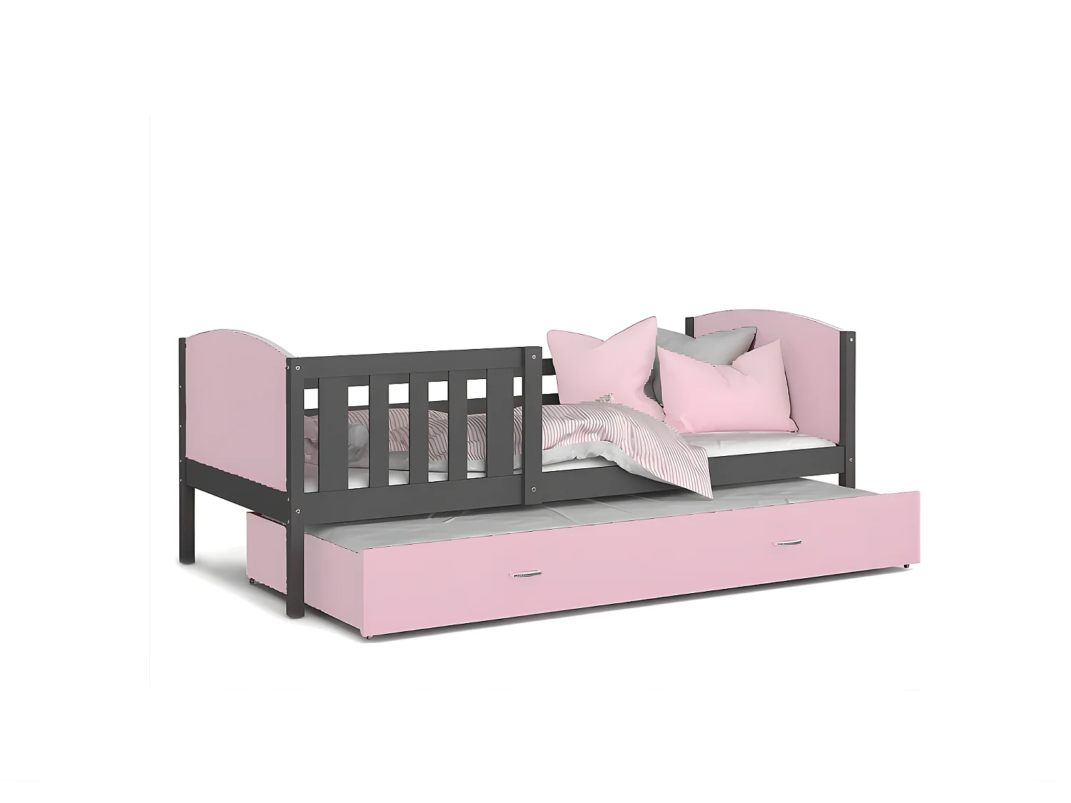 Lit Enfant Tomy 90x190 Gris - rose Livré avec sommiers, tiroir et matelas en mousse de 7cm