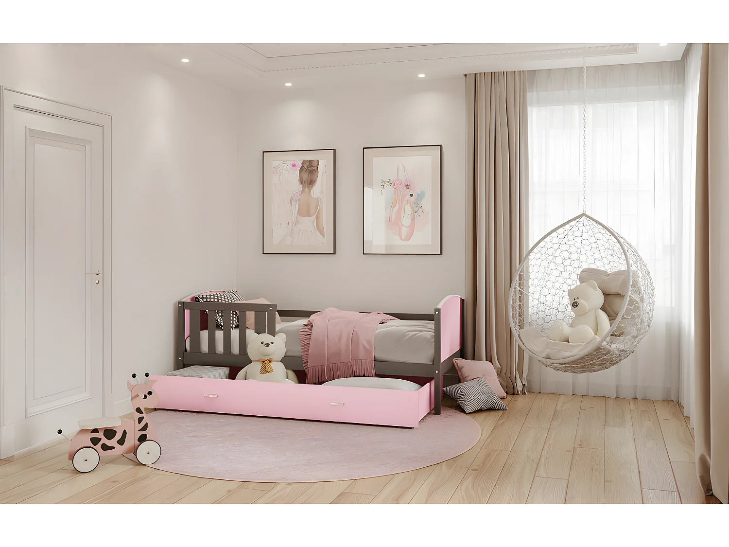 Lit Enfant Tomy 90x190 Gris - rose Livré avec sommiers, tiroir et matelas en mousse de 7cm