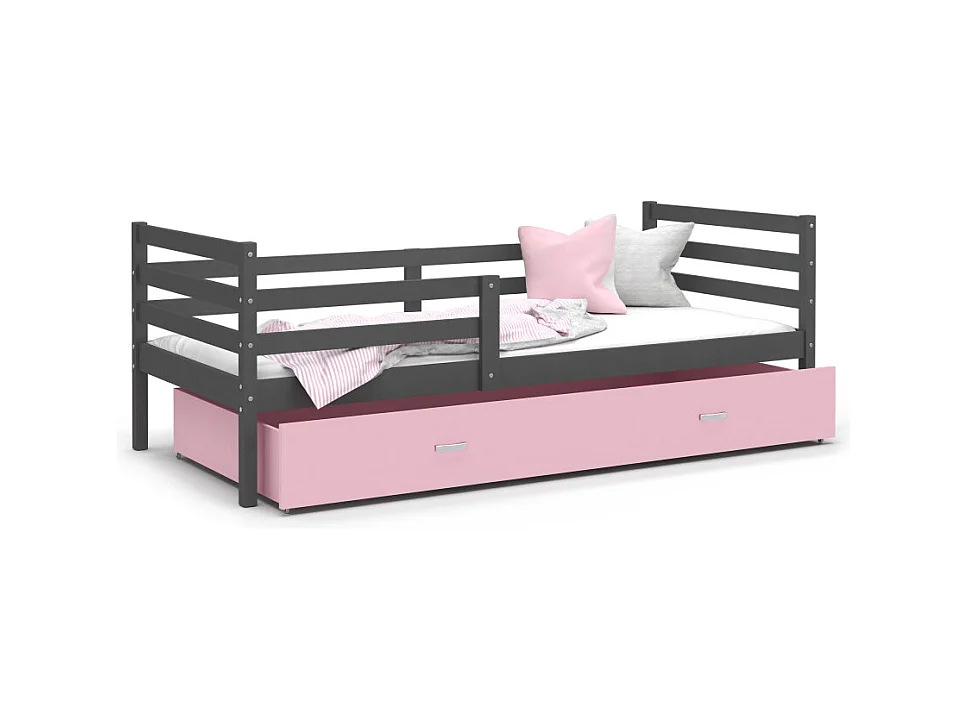 Lit Enfant Milo 90x190 Gris - rose Livré avec sommiers, tiroir et matelas en mousse de 7cm