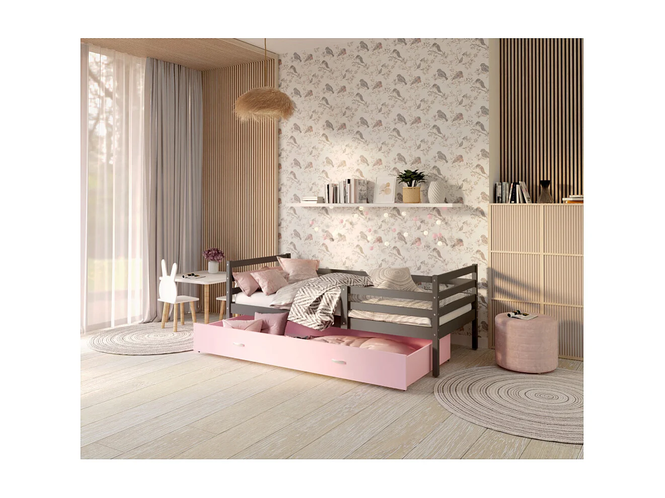 Lit Enfant Milo 90x190 Gris - rose Livré avec sommiers, tiroir et matelas en mousse de 7cm