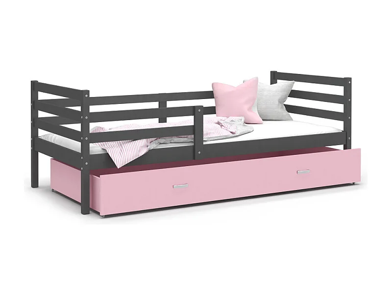 Lit Enfant Milo 90x190 Gris - rose Livré avec sommiers, tiroir et matelas en mousse de 7cm