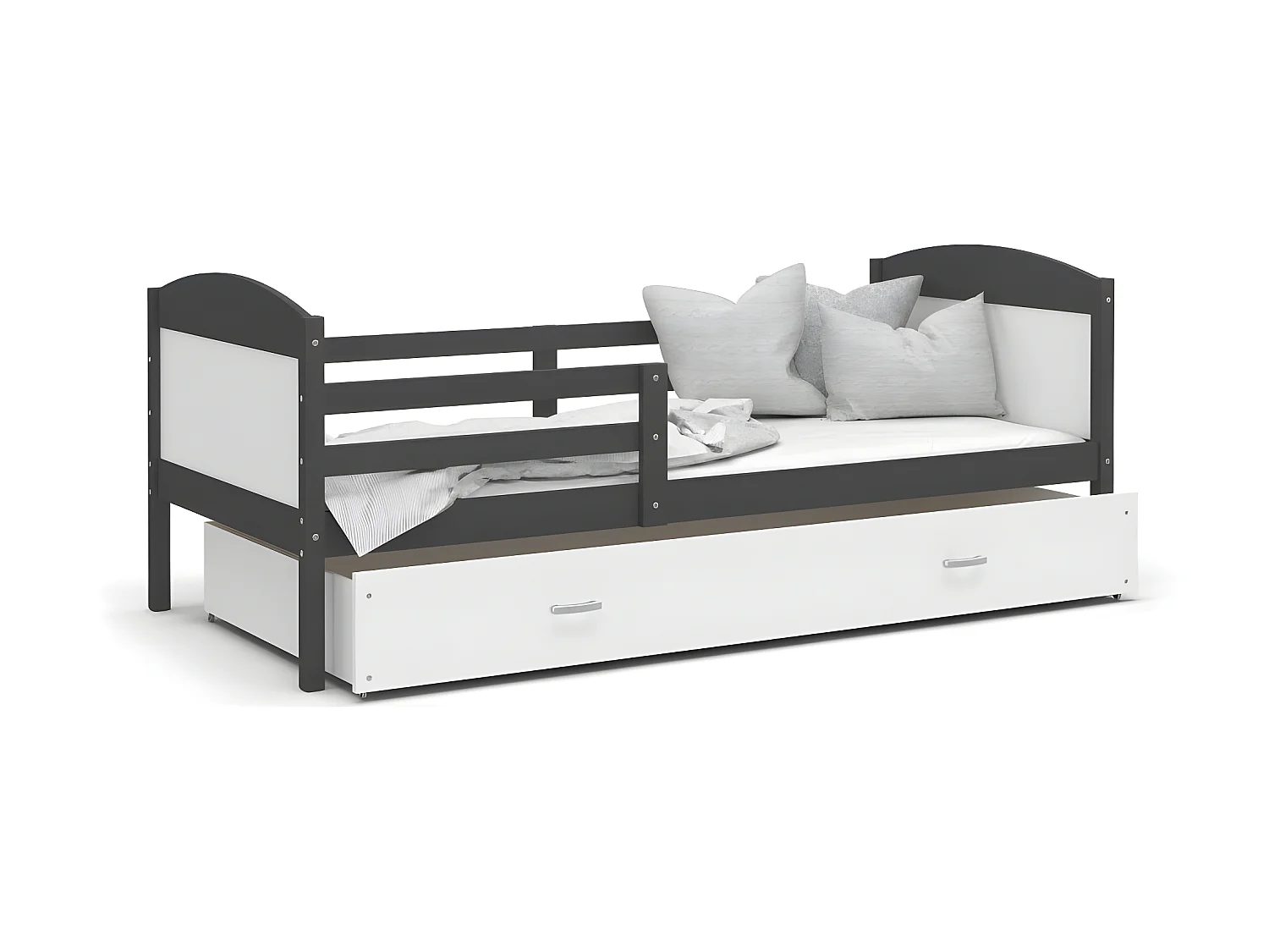 Lit Enfant Mateo 90x190 Gris - blanc Livré avec sommiers, tiroir et matelas en mousse de 7cm