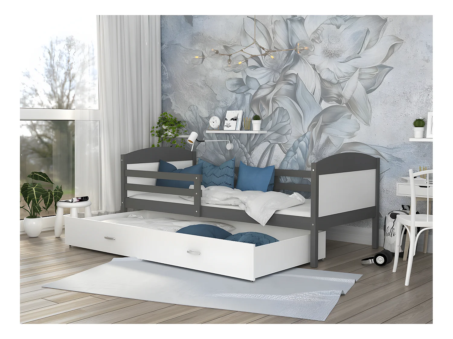 Lit Enfant Mateo 90x190 Gris - blanc Livré avec sommiers, tiroir et matelas en mousse de 7cm